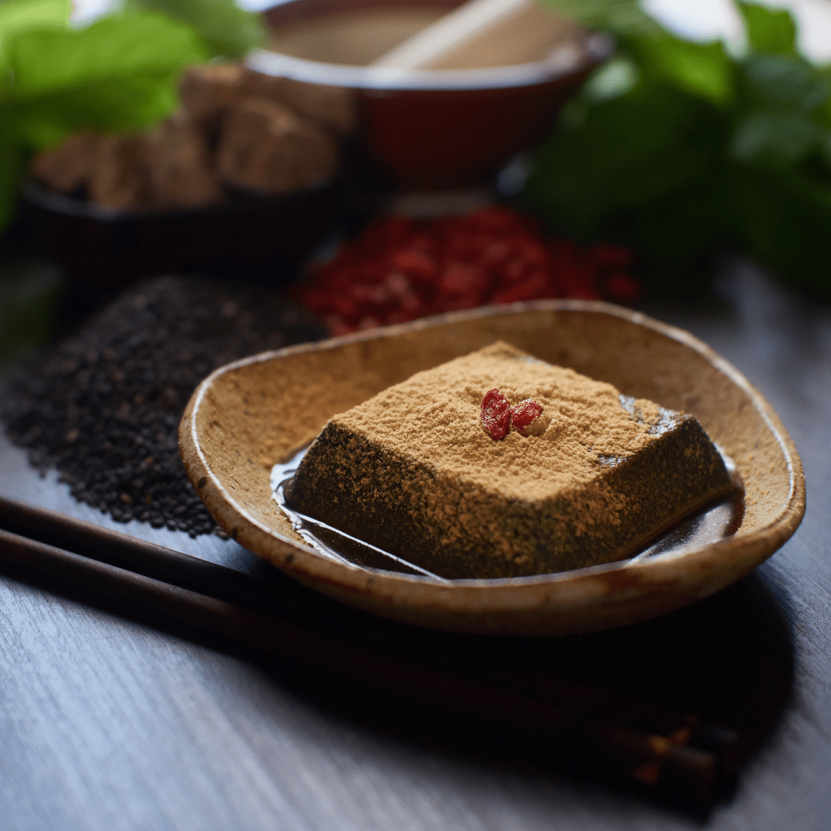 HOUMOTO SESAME TOFU Mochi - Style Black Sesame Tofu Delight w Kuromitsu & Kinako - Tokyo Fresh Direct